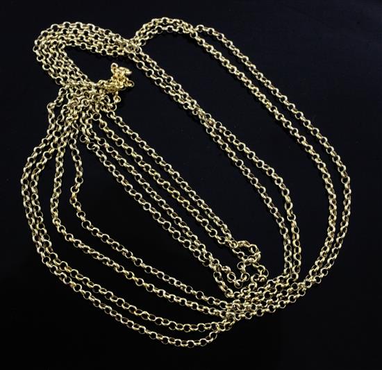 A Victorian style 18ct gold double strand round link guard chain, 94cm.
